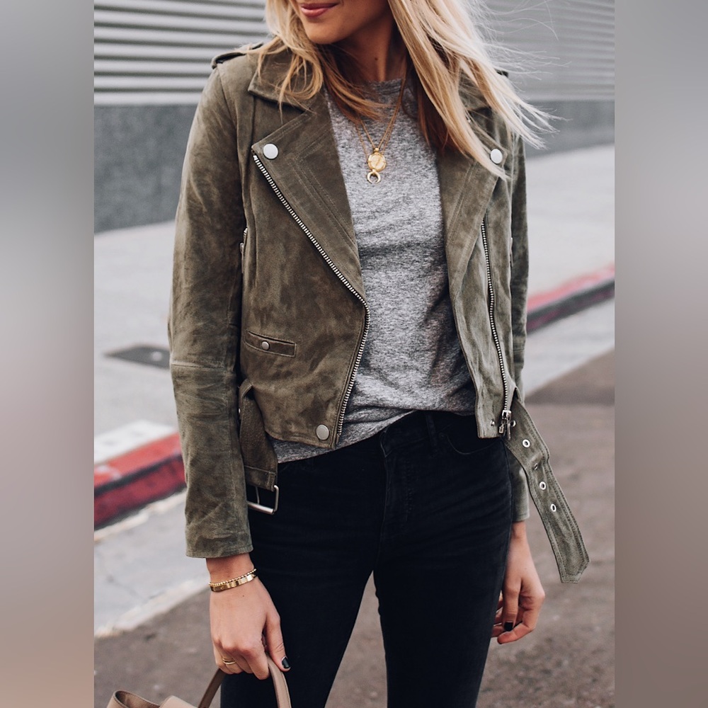 Blank NYC | 100% Suede Leather Moto Jacket in Olive Green XS